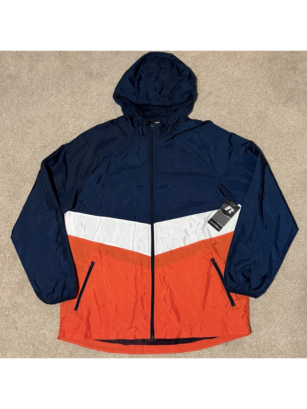 NWT Russell Athletic Mens XL Windbreaker Jacket Zip Water Resistant Blue Orange